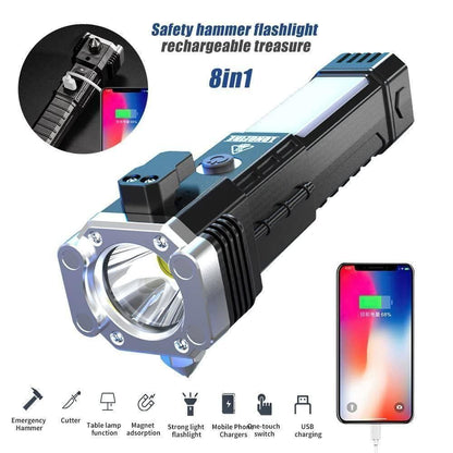 Rechargeable LED Tactical Flashlight – Emergency Torch with Power Bank, Magnet & Safety Hammer