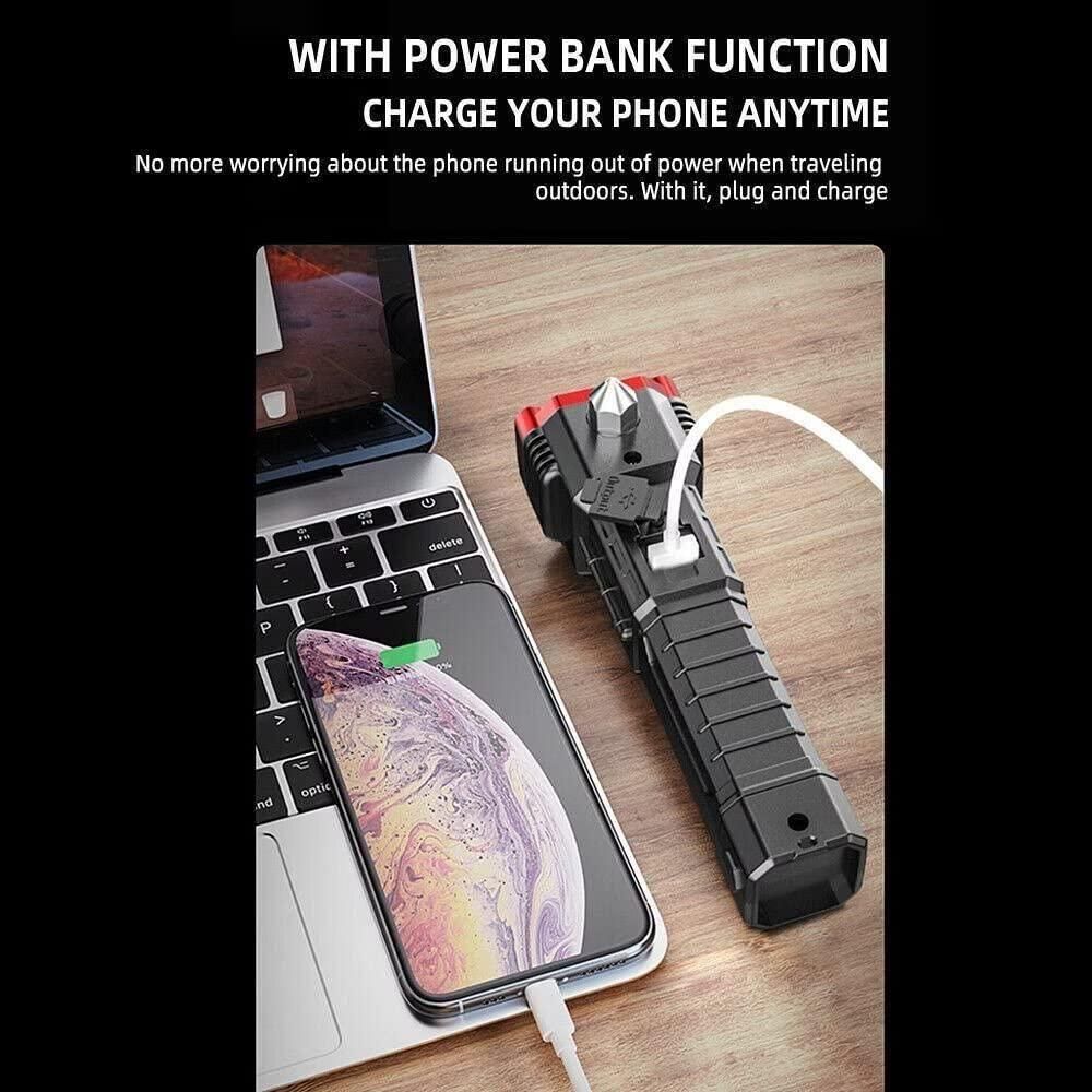 Rechargeable LED Tactical Flashlight – Emergency Torch with Power Bank, Magnet & Safety Hammer